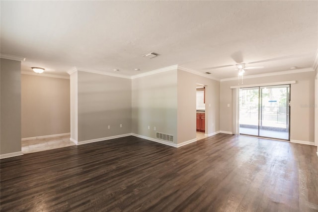 unfurnished room with crown molding, ceiling fan, and dark hardwood / wood-style floors