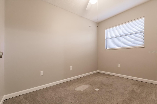 spare room with ceiling fan and carpet