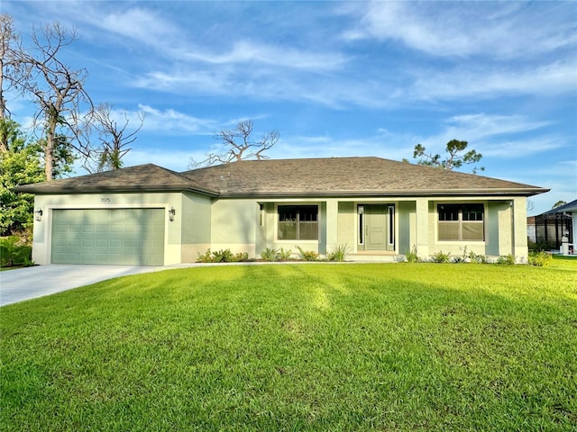 ranch-style home with a front yard and a garage