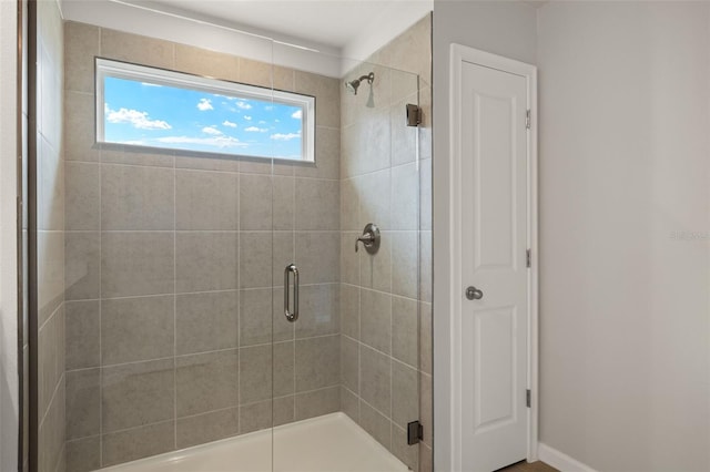 bathroom with a shower with shower door