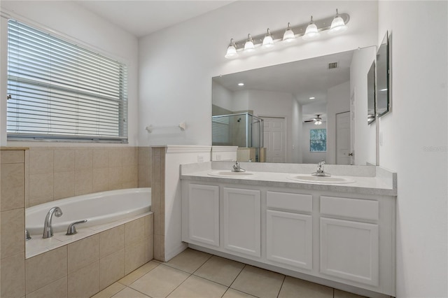 bathroom featuring vanity, ceiling fan, tile patterned floors, and separate shower and tub