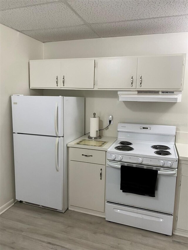 3112 SE 29th Ter, Okeechobee, FL 34974 - kitchen featuring white appliances, under cabinet range hood, light countertops, light wood-type flooring, and white cabinets