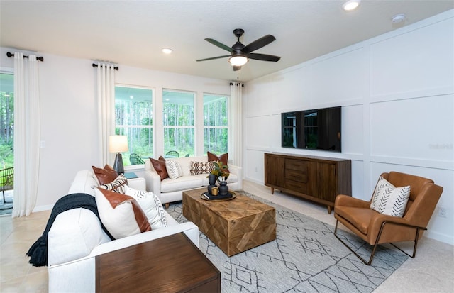 living room featuring ceiling fan