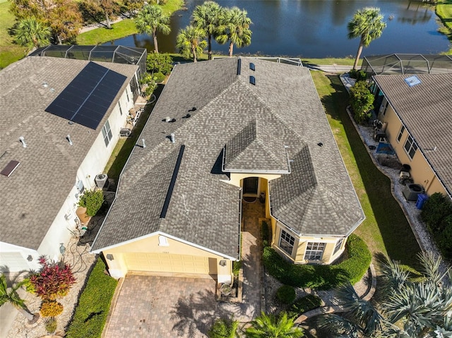 aerial view featuring a water view