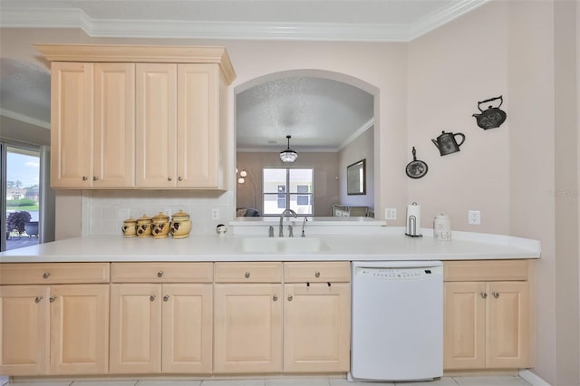 kitchen with arched walkways, light brown cabinets, a sink, ornamental molding, and dishwasher