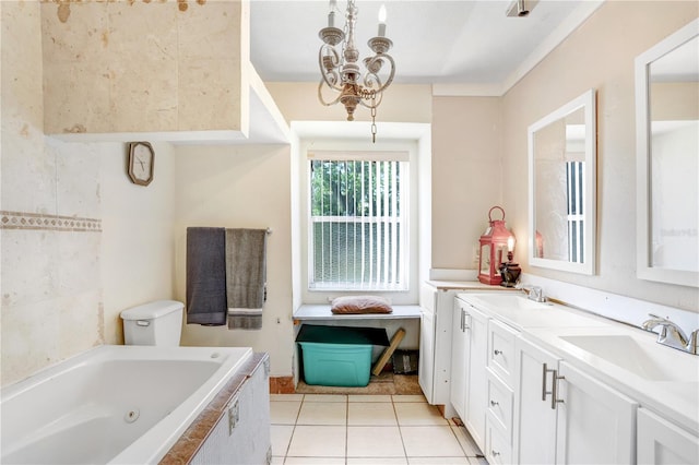 bathroom featuring tile floors, large vanity, double sink, a notable chandelier, and toilet