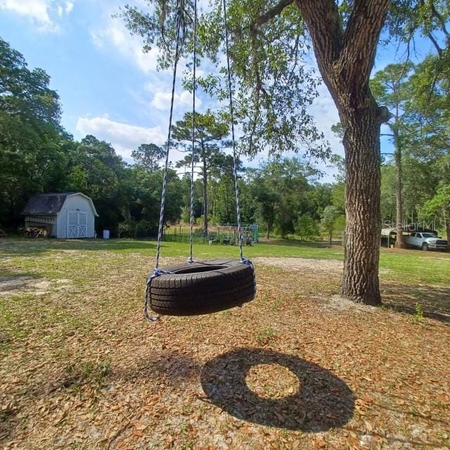 view of yard featuring a storage shed