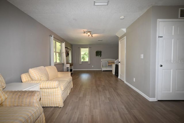 living room featuring a textured ceiling and hardwood / wood-style flooring