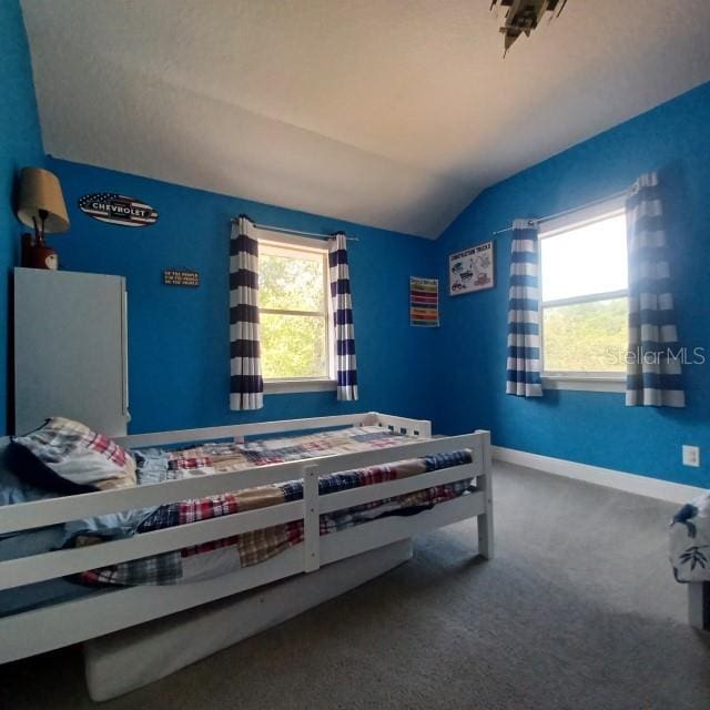 carpeted bedroom with lofted ceiling