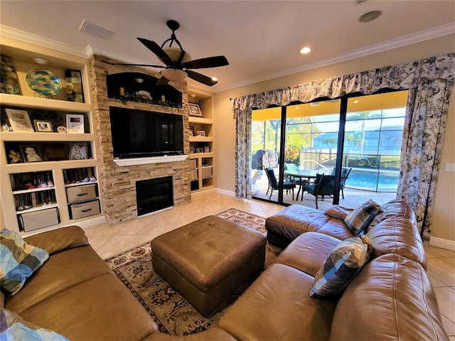 living room featuring ornamental molding, built in shelves, and light tile patterned flooring