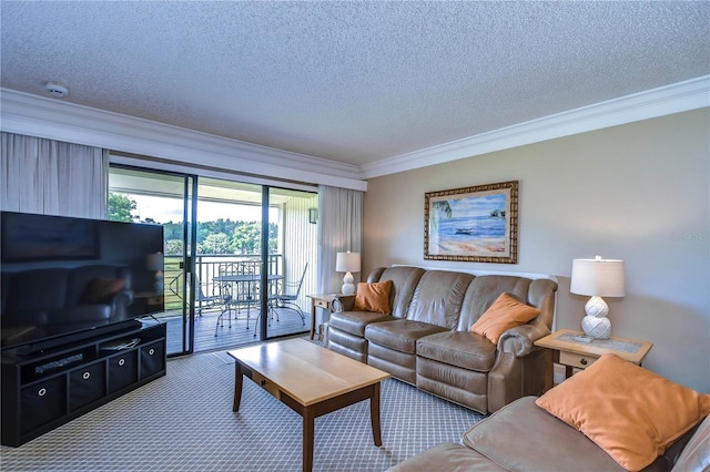 living room with ornamental molding, carpet floors, and a textured ceiling