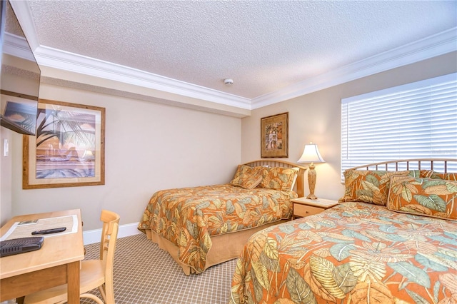 bedroom featuring a textured ceiling and crown molding