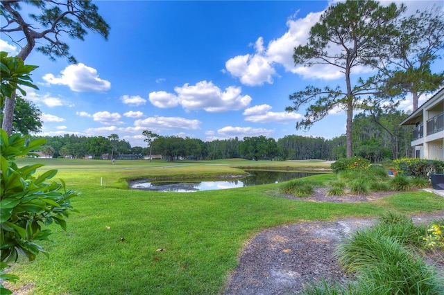 view of property's community featuring a yard and a water view