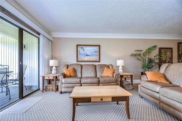 living room with ornamental molding, carpet floors, and a textured ceiling