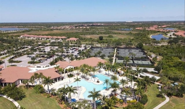 aerial view featuring a water view