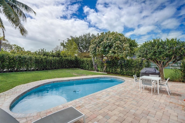 view of pool featuring a yard and a patio area