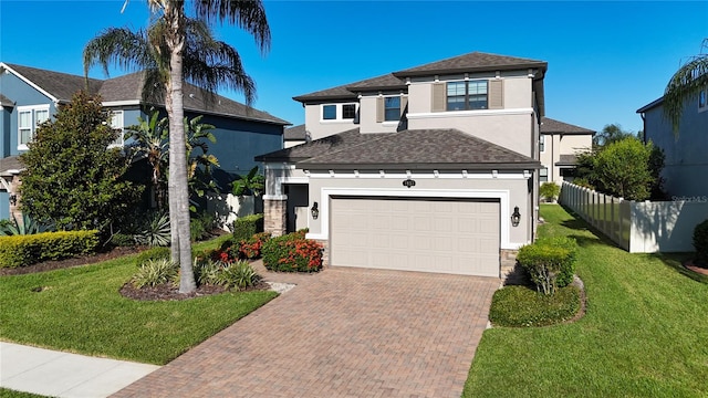 view of front of home featuring a front lawn and a garage