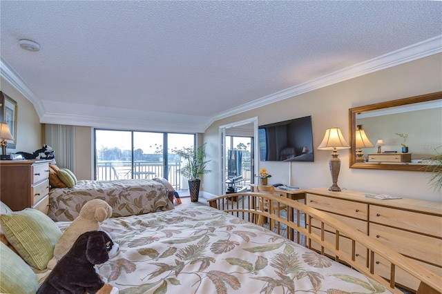 bedroom featuring ornamental molding, access to outside, and a textured ceiling