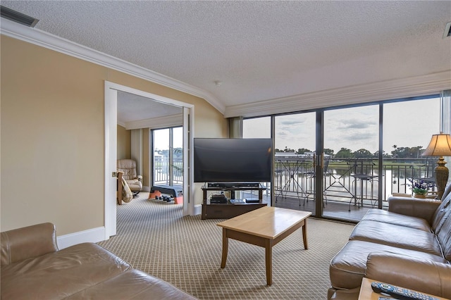 living room with a textured ceiling, crown molding, and carpet flooring