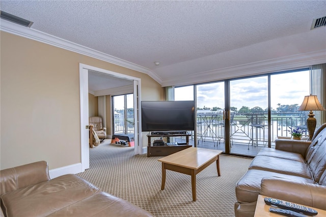 carpeted living room with a textured ceiling, crown molding, and lofted ceiling