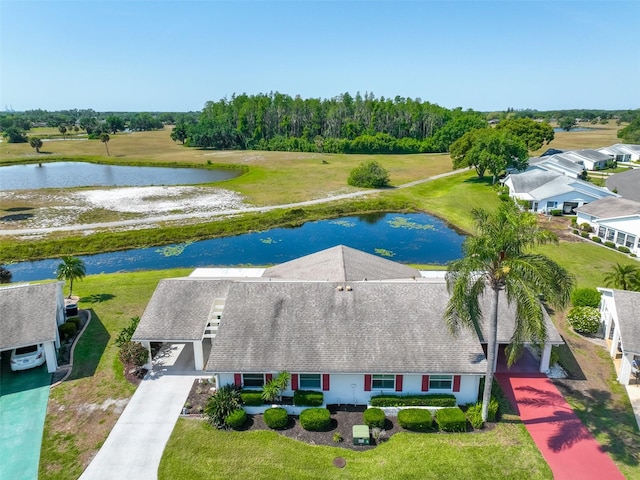 bird's eye view with a water view