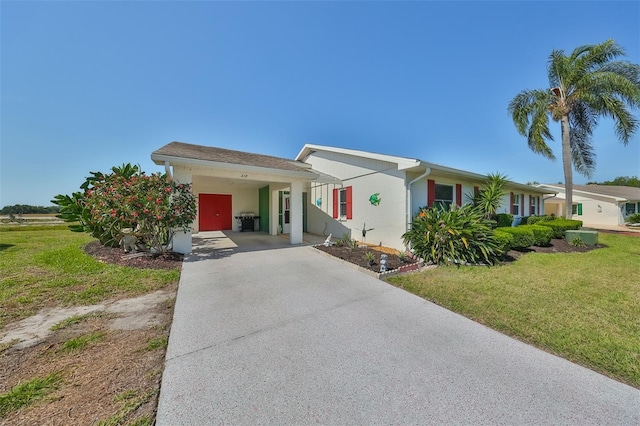 view of front of property with a front yard, driveway, and stucco siding