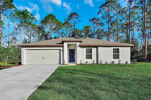 single story home featuring a garage and a front lawn