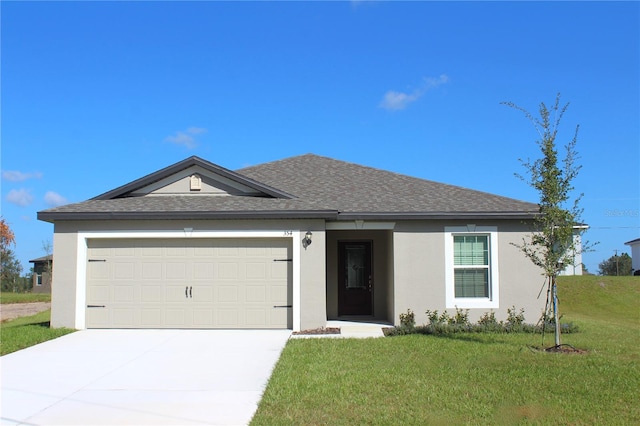 ranch-style house with a front yard and a garage