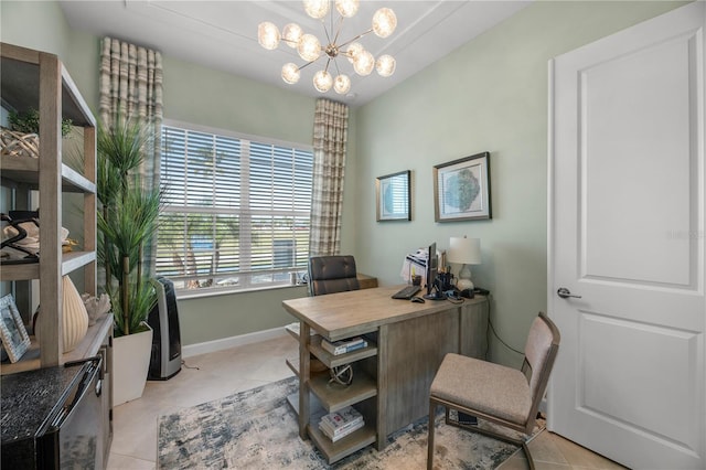 tiled office featuring an inviting chandelier