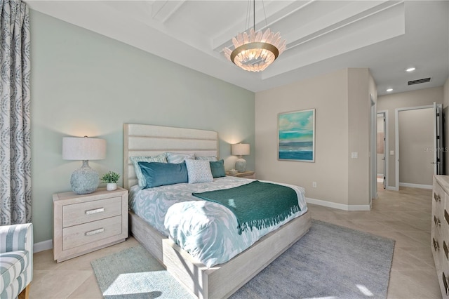 bedroom featuring light tile floors and a chandelier