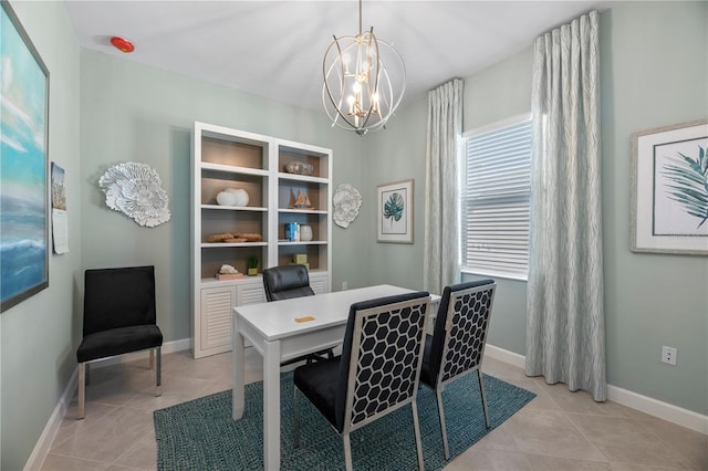 tiled office space with a chandelier and built in features