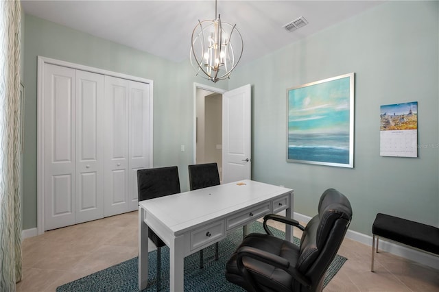 office area featuring a chandelier and light tile floors