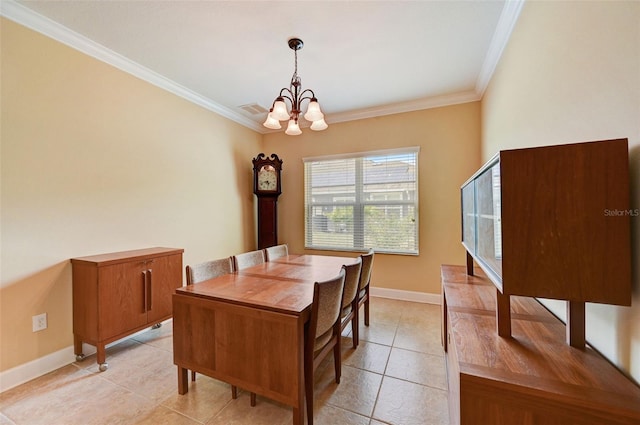 dining area featuring light tile patterned flooring, ornamental molding, and an inviting chandelier