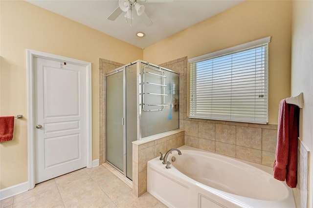 bathroom featuring tile patterned flooring, ceiling fan, and separate shower and tub