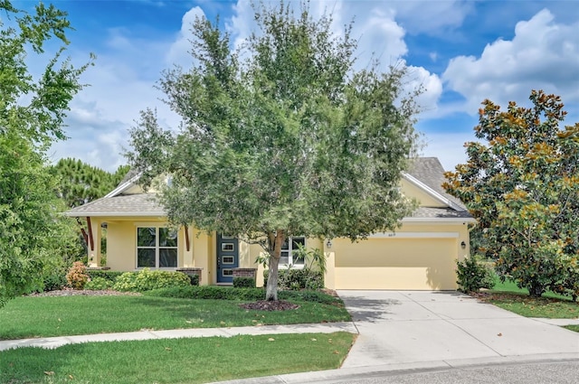 view of property hidden behind natural elements featuring a front lawn and a garage