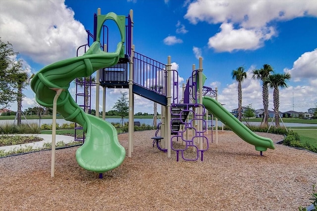 view of play area featuring a water view