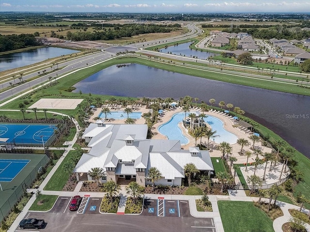 drone / aerial view with a water view