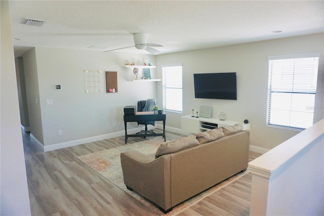 living room featuring ceiling fan and hardwood / wood-style flooring