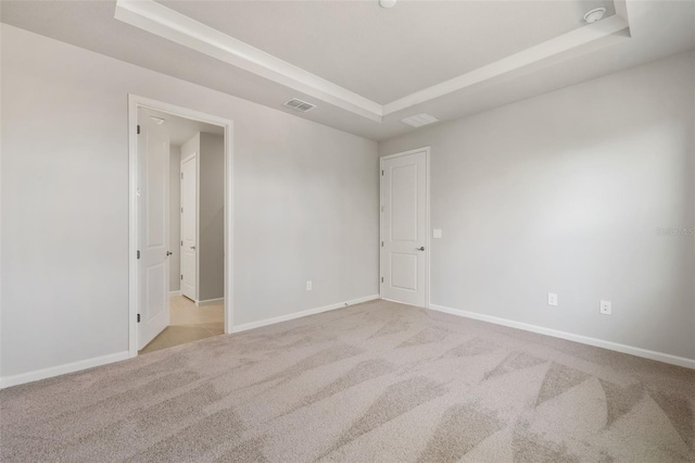 spare room with light colored carpet and a raised ceiling