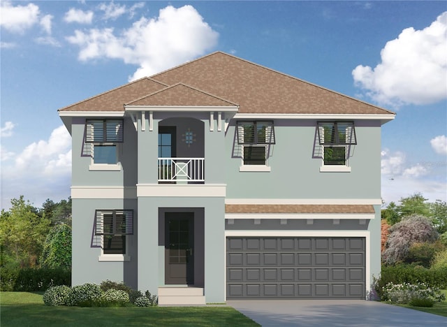 view of front of property with concrete driveway, a balcony, an attached garage, a front lawn, and stucco siding