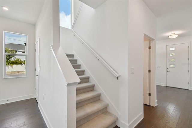 staircase with hardwood / wood-style flooring