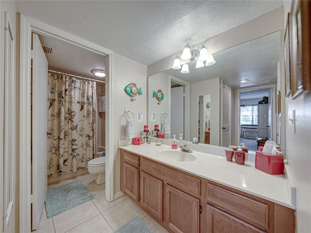 full bathroom with toilet, a textured ceiling, vanity, shower / bath combo with shower curtain, and tile patterned flooring