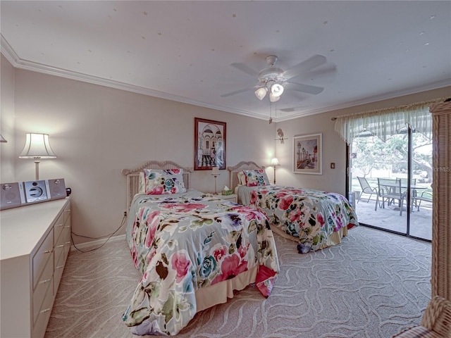 carpeted bedroom with crown molding, access to outside, and ceiling fan