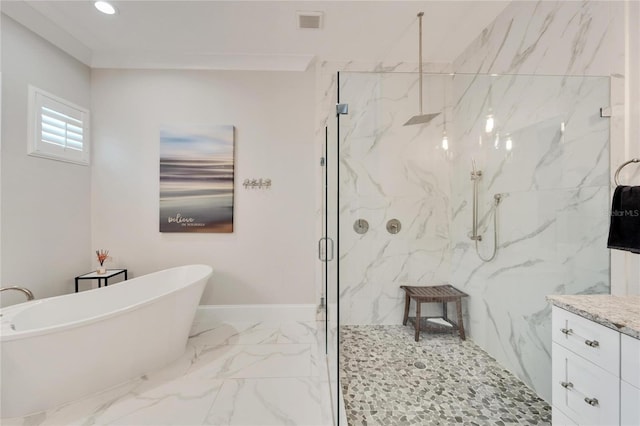 bathroom featuring tile walls, tile floors, separate shower and tub, and vanity