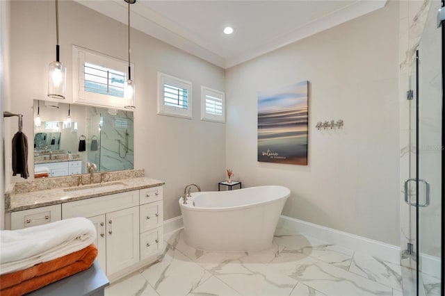 bathroom with tile flooring, plus walk in shower, and vanity