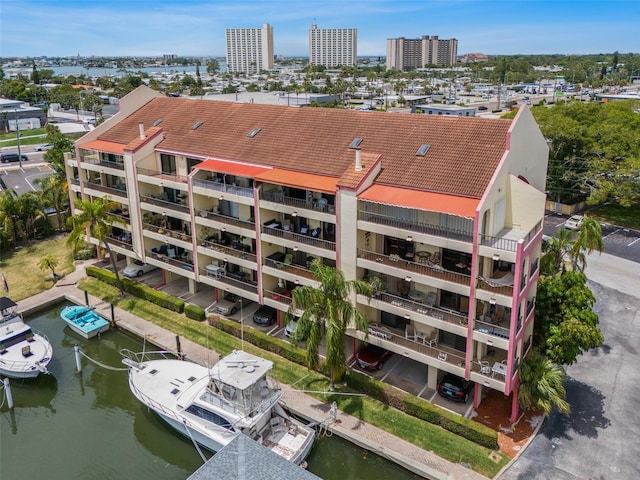 drone / aerial view featuring a water view