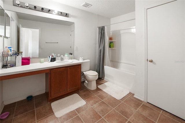 full bathroom with vanity, toilet, a textured ceiling, and shower / bathtub combination with curtain