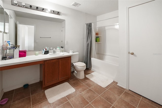 full bath with vanity, tile patterned flooring, shower / bath combination with curtain, toilet, and visible vents