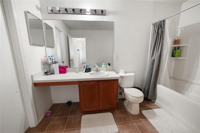 full bathroom with shower / bath combination with curtain, toilet, tile patterned flooring, and vanity