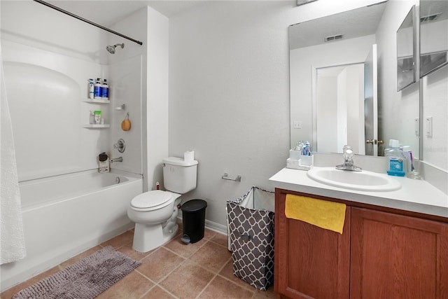 bathroom featuring vanity, tile patterned floors, toilet, visible vents, and bathtub / shower combination